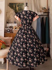 Sweetra Plus Size Spring/Summer Floral Patchwork Tie-Up Elegant Vacation Dress - Black - View 2