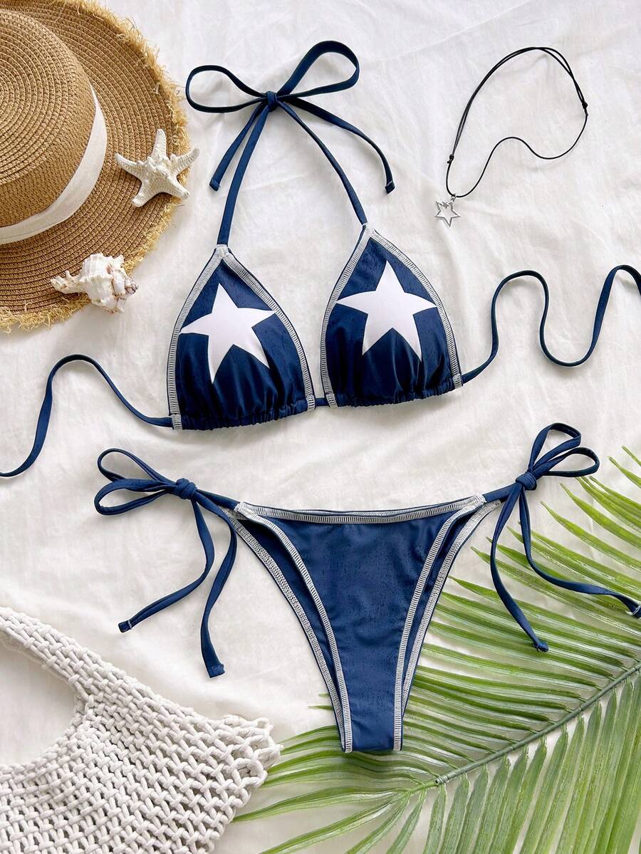 Soleia Women's Summer Beach Party Vacation Star Print Sexy Tropical Halter Bikini Set Navy Blue
