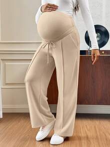 SHEIN Maternity Solid Color Adjustable Waist Casual Versatile Daily Wear Long Pants Fall,Autumn Outfit For Women - Khaki - View 7