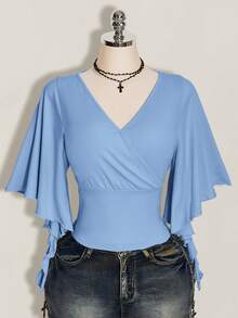 SHEIN ICON 女款大尺碼V領純色百褶休閒百搭日常穿搭T恤 - 藍色 - 查看 3