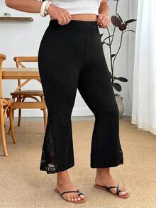 Enliva Plus-Size Summer Casual Stretch Flared Pants, Cropped Pants, Lace-Trimmed Flared Pants, For Apple And Rounded Body Shape - Black - View 5