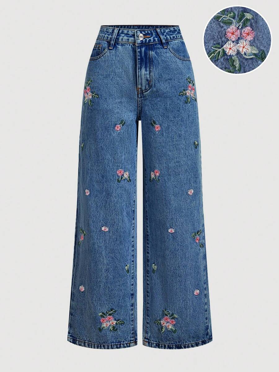 Sweetra 刺繡休閒女款牛仔褲 - 深色水洗藍 - 查看 1