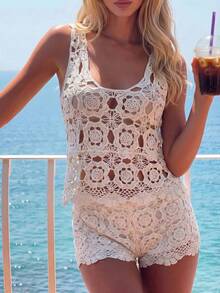 Swim Vcay Chaleco de playa de ganchillo calado de unicolor para mujer, estilo regular, para vacaciones de verano - Albaricoque - Ver 2