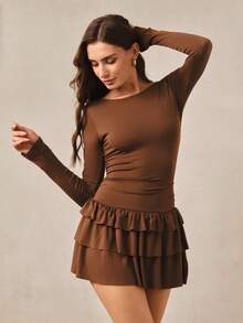 Hourtrue New Solid Color Slim Fit Elegant Long Sleeve Nightgown, High-Quality Sleepwear For Women, Autumn/Winter - Brown - View 4