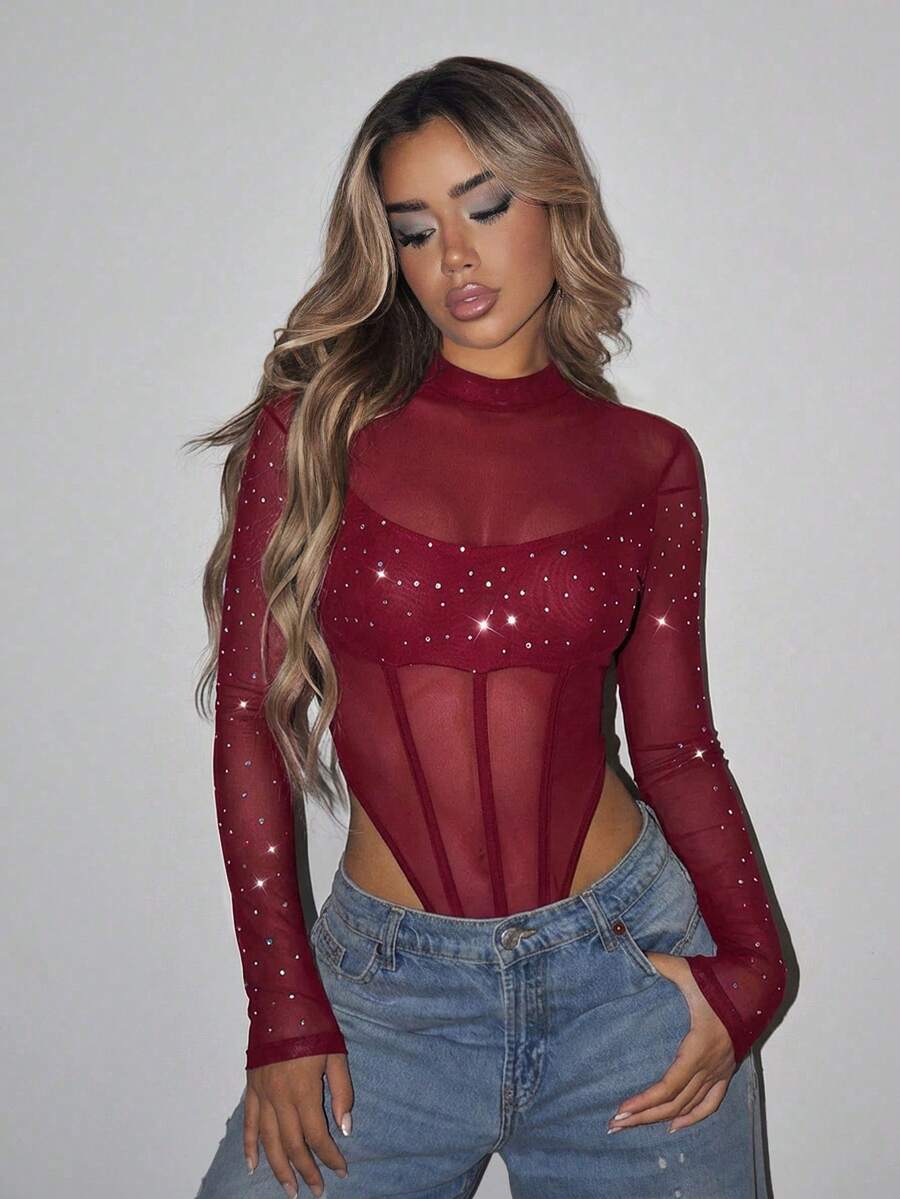 SHEIN ICON Áo liền thân lưới màu đen cổ cao, cắt cao - Màu Đỏ Sâu - Xem 1