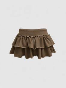 ROMWE Grunge Punk Music Festival Hot Girl Washed Sweatshirt Fabric Ruffle Hem Low Waist Mini Skirt For Women - Brown - View 2
