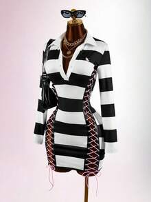 Amplova POLO Collar Pony Logo Split Tie Design Back To School Street Style Women's Mini Vintage Dress - Black and White - View 4