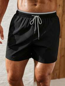 Solantero Men's Vacation Colorblock Drawstring Waist Pocket Beach Shorts - Black - View 4