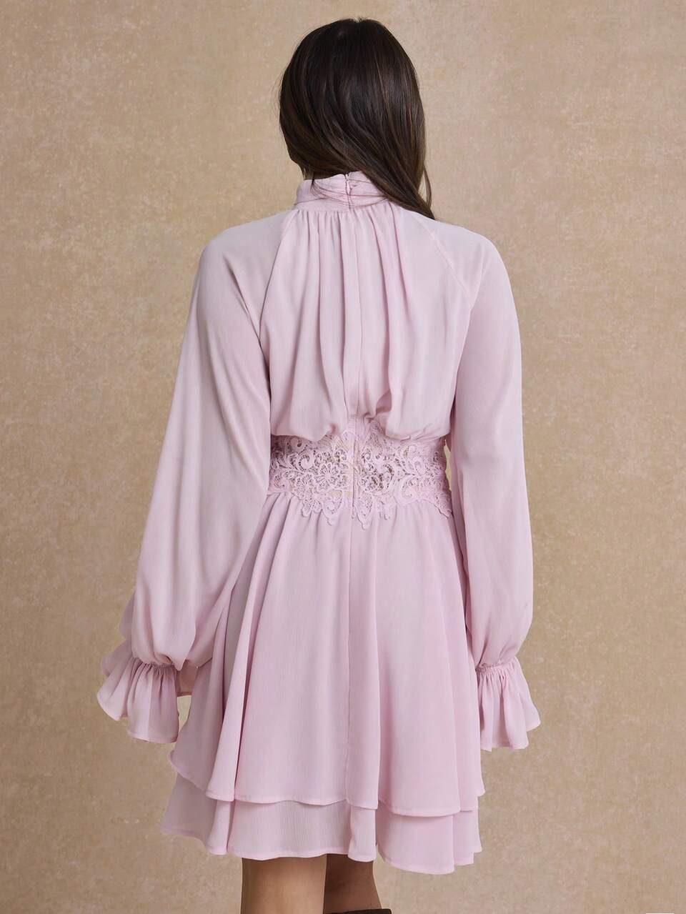 Enchnt Premium Fall Romantic Women's Elegant Pink Lace Patchwork French Style Short Dress, Social Outfits, Travel, Work Outfit, Back To School