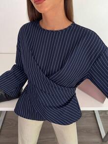 Siren Gaze Fall Women's Blue And White Striped Crew Neck Drop Shoulder Long Sleeve Blouse Unique Wrap Front Design Smart Casual Elegant Business Brunch Office - Brown - View 7