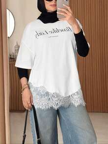 Solavon New Design Letter Print Loose Lace Trim Patchwork Short Sleeve T-Shirt - White - View 4
