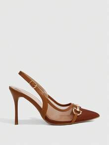 CUCCOO SZL Women Shoes Multi-Color Mesh Stitching Metal Buckle Pointed Heel Back Tripple Sandals Light And Sweet Style Spring And Summer Models Suitable For Work - Brown - View 2