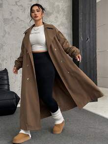 SHEIN EZwear 大尺碼軍綠色長款風衣，秋冬款 - 棕色 - 查看 3