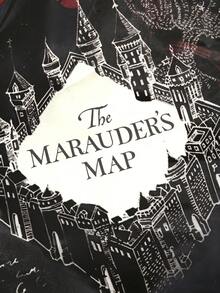 HARRY POTTER X SHEIN 魔法城堡 Marauder Map 印花可折疊聚酯纖維購物袋，可重複使用購物托特包附收納袋 - 黑和紅 - 查看 7