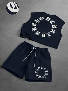 PAVTROS Conjunto casual de hombre con camiseta de tirantes de cuello redondo con letras en relieve y pantalones cortos, para vacaciones - Azul Marino - Ver 6
