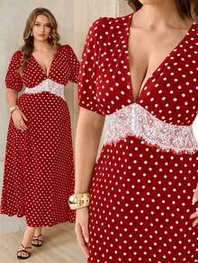 Roveilla Elegante vestido de mujer con lunares, cuello en V, manga corta, silueta ajustada en A para verano, tela sin estiramiento, adecuado para ocasiones/vacaciones/citas, blanco - Rojo - Ver 1