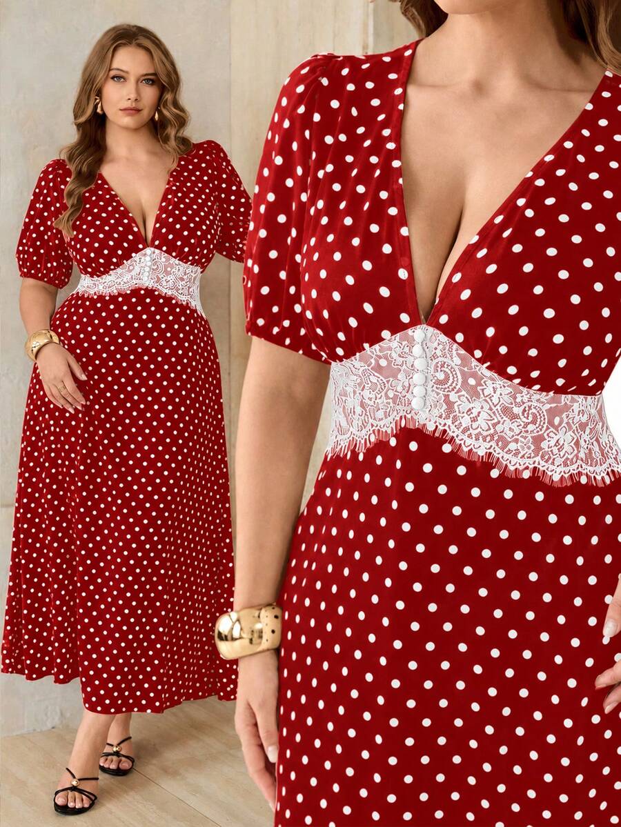Roveilla Elegante vestido de mujer con lunares, cuello en V, manga corta, silueta ajustada en A para verano, tela sin estiramiento, adecuado para ocasiones/vacaciones/citas, blanco - Rojo - Ver 1