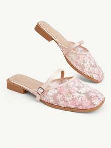 CUCCOO CHICEST Women's Shoes Fashion Mesh Lace Square Toe Word With Low Heel Sandals Women's Casual And Comfortable Temperament Versatile Flat Shoes - cherry blossom powder - View 4