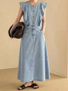 DAZY Spring Summer Women's Round Neck Button Half-Placket Pocket Casual Denim Dress - Blue - View 5