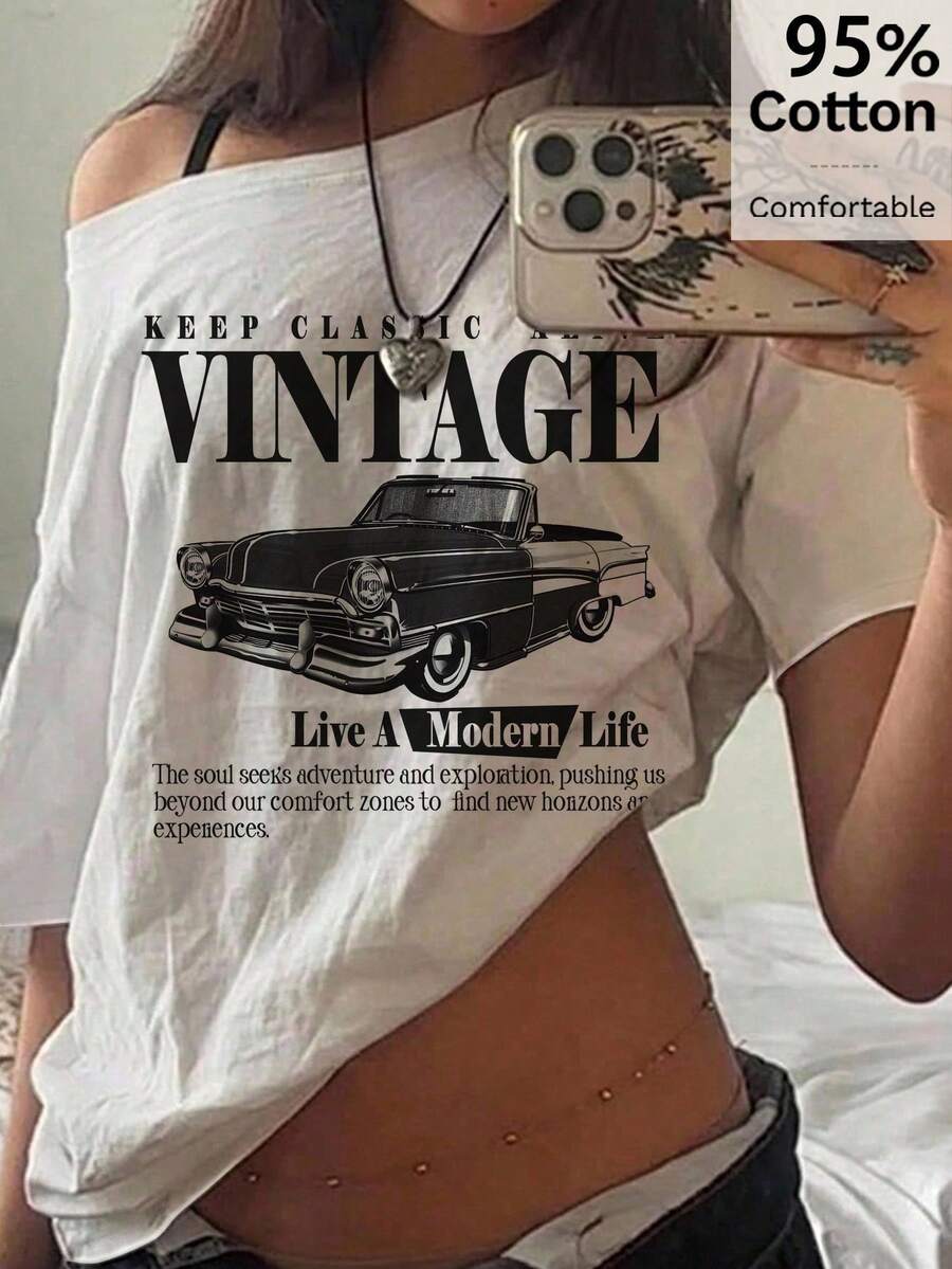 Muchica 女款休閒露肩T恤,復古賽車圖案,Y2K風格,夏季服飾,休閒街頭風,百搭學院風,日常穿著,適合通勤約會,大尺碼T恤 - 彩色 - 查看 1