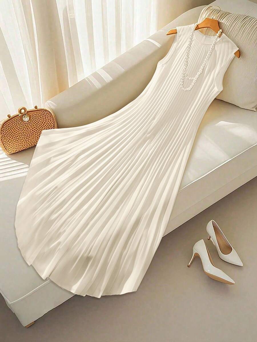 SHEIN Clasi Gaun Lipit Elegan Wanita, Cocok untuk Kantor, Liburan, dan Kencan - Krem - View 1