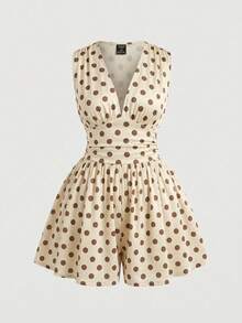 SHEIN MOD Casual Versatile Plus Size V-Neck Short Waist Wide Leg Colorblock Polka Dot Print Jumpsuit - Multicolor - View 3