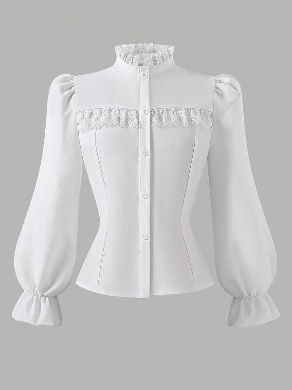 Tween Girl French Fashion Lace Patchwork Single-Breasted Flared Cuff Blouse