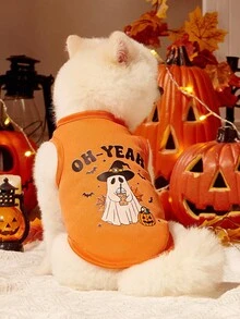 2pcs Pet Cat Dog Universal Halloween Orange Ghost Funny Cartoon Pattern Print Fashionable Breathable Comfortable Dog Vest, PETSIN Original Design - Multicolor - View 9