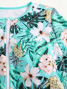 Swim Lushoire Springbreak 女款 2 件式衝浪泳衣套裝，長袖上衣與比基尼泳褲，高彈性面料，植物印花，隨意海灘度假泳裝 - 薄荷綠 - 查看 8