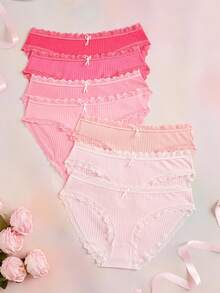 Elorette 7pc Pink Multicolor Lace Patchwork High Elasticity Knitted Texture Comfortable Daily Plus Size Panties - Pink - View 5