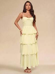 SHEIN Glamour Hellgelbes gestuftes Tortenkleid mit gedrehten Spaghettiträgern für Strandurlaub und Abendparty - Hellgelb - Übersicht 4