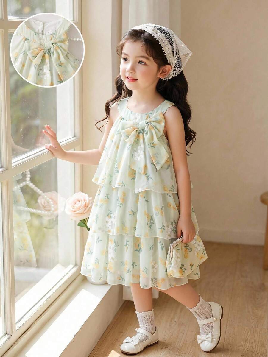 SHEIN 女童 3D 蝴蝶結與花卉印花無袖公主洋裝,適合日常穿著、外出、度假、旅行與節日 - 黃色 - 查看 1