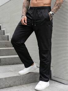 Manfinity CasualCool 男士抽繩腰純色口袋直筒休閒百搭長褲，美國國慶日、度假、禮物 - 黑色 - 查看 7