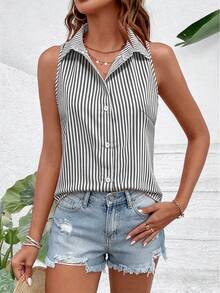 SHEIN Holidaya 女款夏季法式優雅通勤翻領無袖寬鬆百搭黑白條紋休閒開襟襯衫，適合辦公工作 - 黑與白 - 查看 3