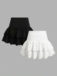 SHEIN Tween女孩 2件套休閒運動學院風返校穿搭，純色紋理迷你裙，內建內搭褲雙層荷葉邊蛋糕裙 - 黑與白 - 查看 7