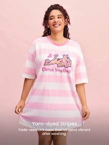 LUVLETTE Scooby-Doo Plus Size Women's Cotton Striped Nightgown Pink White Sleep Dress With Fun Cartoon Print Comfy Loungewear Graphic - Pink - View 8