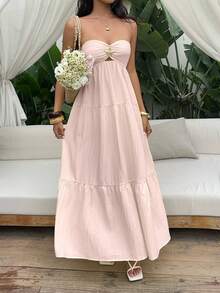 Sunnyshic Robe jaune sans bretelles pour femmes, tenue de plage, robe de plage, robe décontractée, style de vacances au bord de mer , tenue de vacances, robe d'été romantique et élégante, printemps/été - Rose bonbon - Voir 5