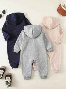 SHEIN 3件組嬰兒男嬰女嬰灰色秋冬加厚刷毛鬆針軟綿連帽長袖拉鍊連身衣 百搭居家戶外適用 - 彩色 - 查看 2