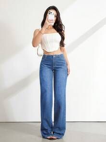 SHEIN Tall 女款高腰鈕扣口袋寬鬆寬腿藍色牛仔褲，春夏休閒度假日常街頭七分牛仔褲 - 中等水洗藍 - 查看 7