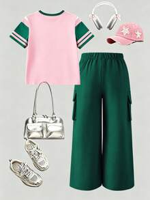 SHEIN 青少年女孩夏季新款美式運動T恤與工裝寬腿褲兩件套，「67 SIX SEVEN」字母與數字胸前印花，附徽章與「N」星形細節，適合派對穿著，實用時尚，島嶼風，海灘週末，夏季穿搭 - 彩色 - 查看 4