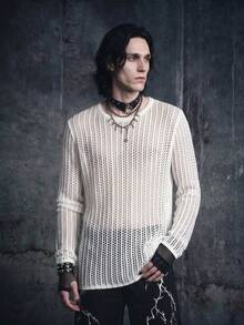 Vyqestra Men Solid Open Knit Top Round Neck Long Sleeve Pullover Plain White Sweater For Boyfriend Gift, Fall - White - View 4