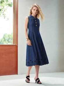 MOTF PREMIUM GAUN WANITA DENIM DENGAN KANCING SETENGAH DAN PLAKET, TANPA LENGAN, DAN MEMPERCANTIK PINGGANG - Medium Wash - View 5
