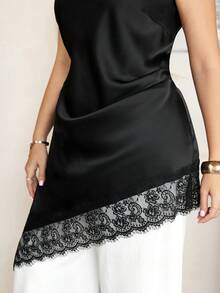 Comfylo Plus Size Women's Cowl Neck Lace Patchwork Asymmetrical Hem Elegant Sleeveless Top - Black - View 2