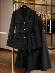 GlowEve Solid Color Lapel Collar Long Sleeve Front Button Fashionable Versatile Denim Maxi Skirt - Black - View 1
