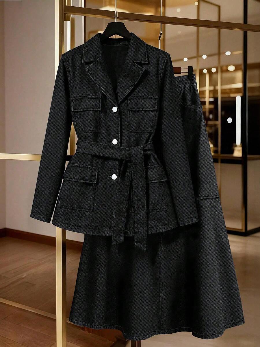GlowEve Solid Color Lapel Collar Long Sleeve Front Button Fashionable Versatile Denim Maxi Skirt - Black - View 1