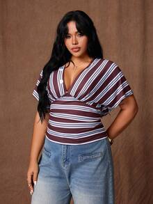 Rustia Plus Size Women's Casual One Shoulder Top With Shell Buttons, Spring/Summer - Brown - View 5