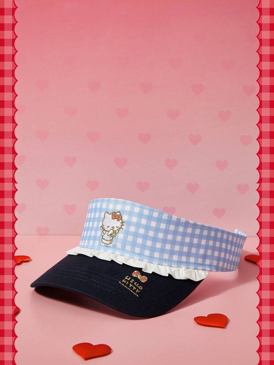 HELLO KITTY AND FRIENDS | SHEIN A Lady's Top, Embroidery, Blue And White Checkered, Lace, Empty Hat, Suitable For Outdoor Outings - Empty hat - View 1