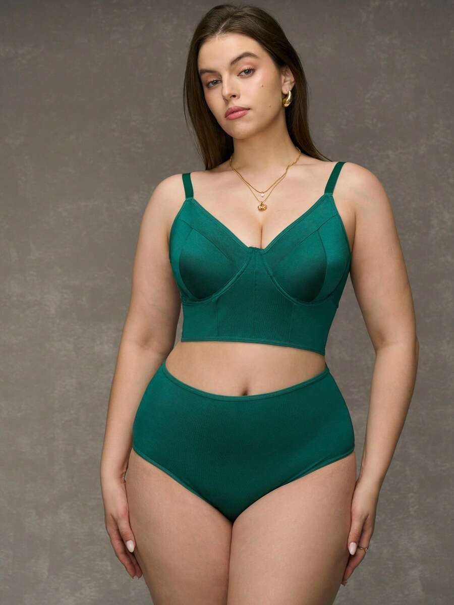 Esseday Plus Size Solid Color Spaghetti Strap Bra And Triangle Panties Underwear Set - Dark Green - View 1