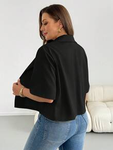SHEIN Essnce 大尺碼女款素色休閒百搭日常穿著西裝外套 - 黑色 - 查看 3