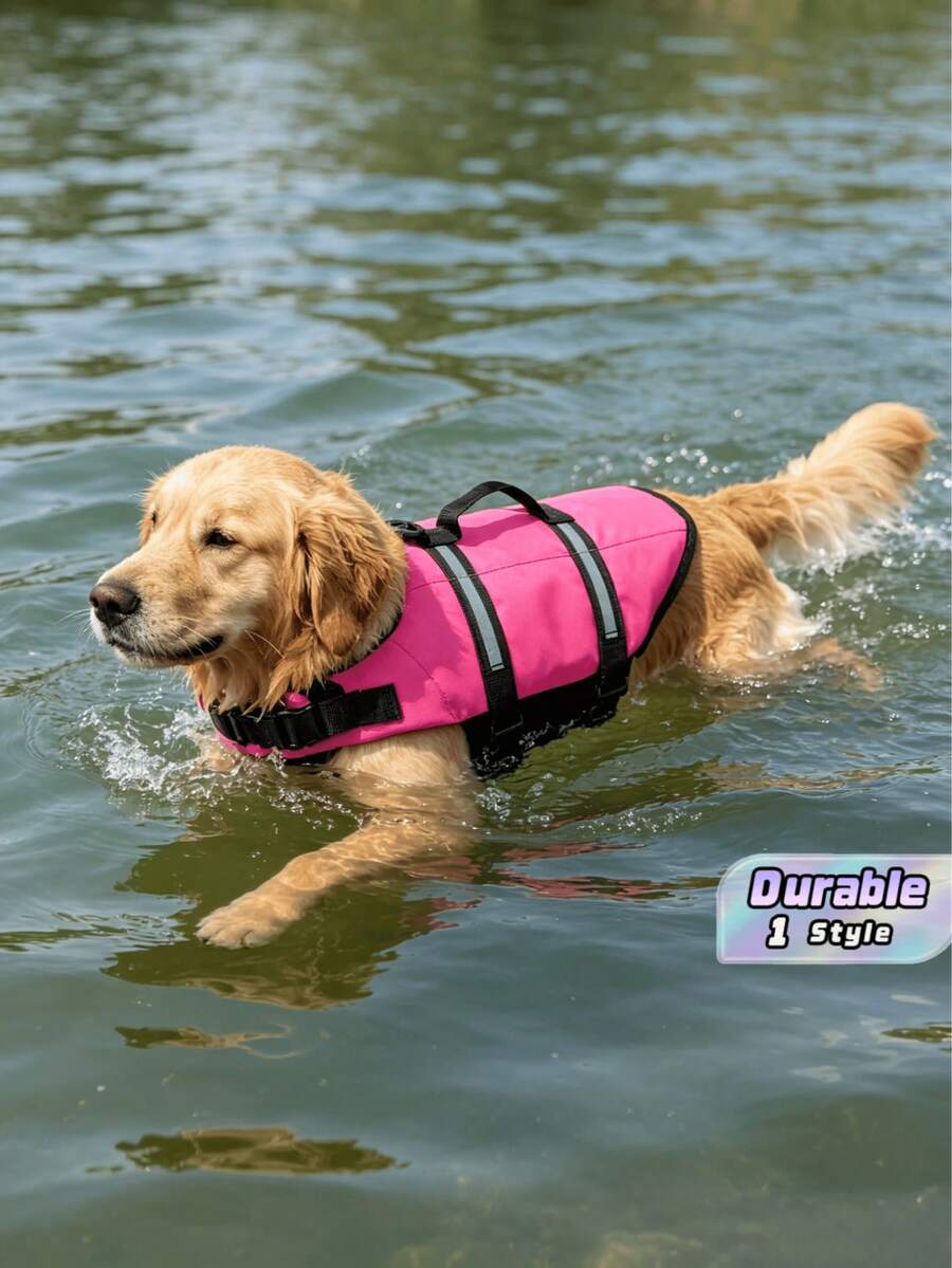 1pc Dog Life Jacket, Adjustable Dog Swimwear, High Buoyancy With Rescue Handle, Suitable For Small, Medium And Large Dogs For Swimming And Boating - Rose Red - View 1